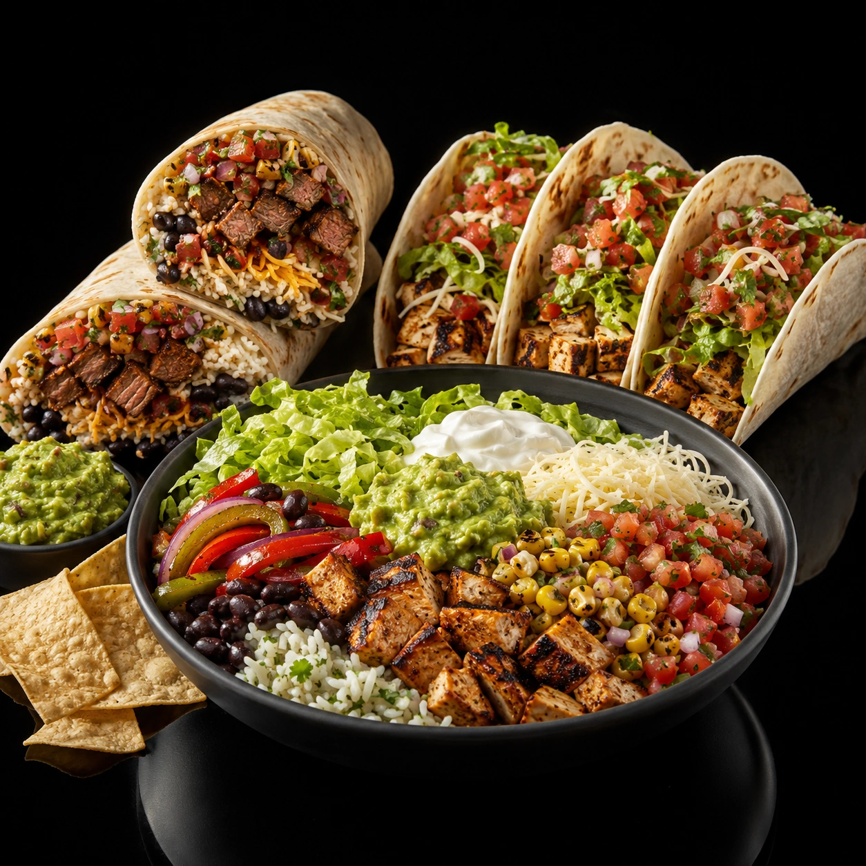 Chipotle menu featuring burritos bowls tacos and sides